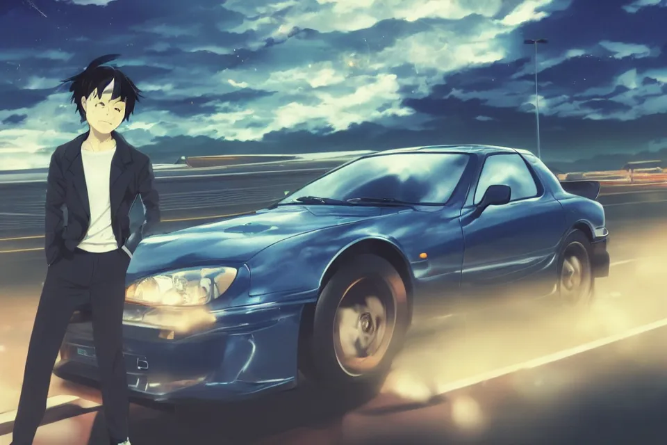 Prompt: aesthetic illustration of ryosuke takahashi with black hair wearing a dark blue shirt standing near his white mazda rx 7 on an empty highway at dusk, cinematic lighting, initial d anime 1 0 8 0 p, detailed anime face, high detail, 9 0 s anime aesthetic, volumetric lights, unreal engine 5 render, pinterest wallpaper, trending on artstation