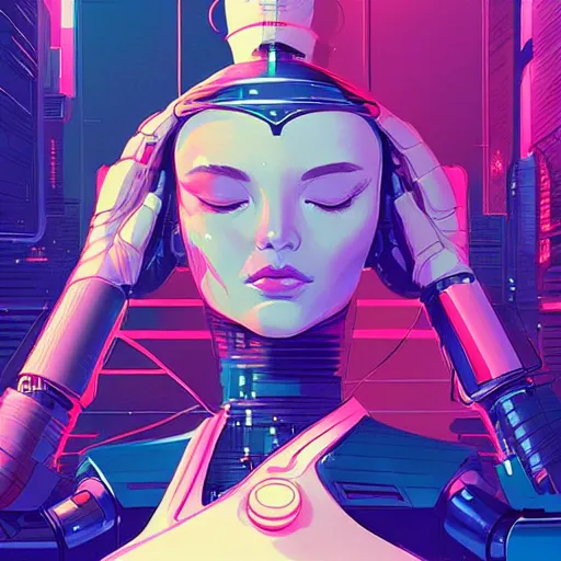 Prompt: a portrait of a beautiful cybernetic woman meditating, cyberpunk concept art by josan gonzales and jean claude meziere and syd mead