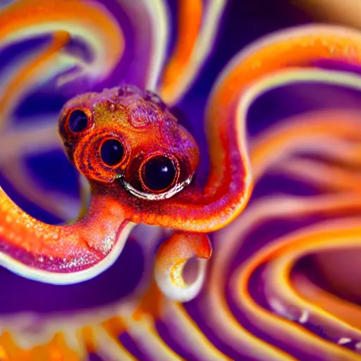 Image similar to fiery whimsical emotional eyes cephalopod, in a photorealistic macro photograph with shallow dof