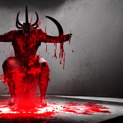 Prompt: god of death, dramatic pose, blood splatters, horns, red, 8 k, hyperrealistic, octane render, dramatic