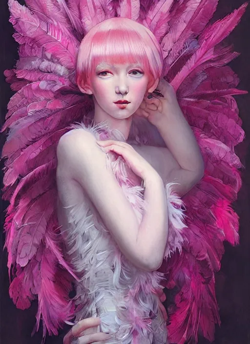 Image similar to beautiful teen girl with an eccentric pink haircut wearing an dress made of feathers, artwork made by ilya kuvshinov, inspired in donato giancola