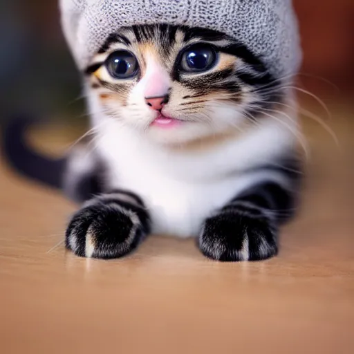 Image similar to small kitten wearing a beanie, cute, adorable, 4 k, detailed, coherent