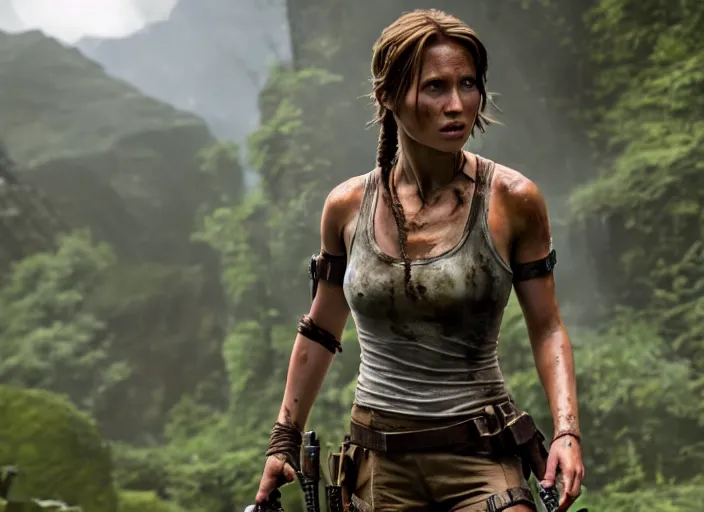 Image similar to film still of!!!! daisy edgar jones!!! as lara croft in new tomb raider movie, 8 k