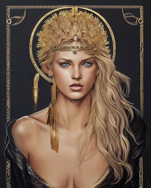 Image similar to tattoo design sketch of hot blonde super model as aphrodite greek goddess wearing a gold laurel wreath and triangle earrings, beautiful piercing gaze with sharp pupils, in the style of greg rutkowski, fantasy, amazing detail, epic, elegant, smooth, sharp focus, front view