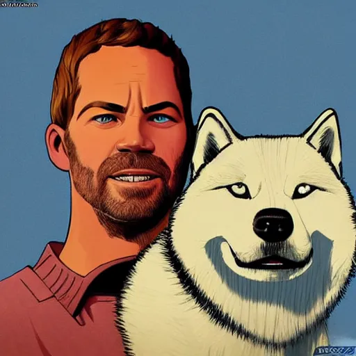 Image similar to Paul Walker with a husky, in the style of Jean Giraud in the style of Ralph McQuarrie