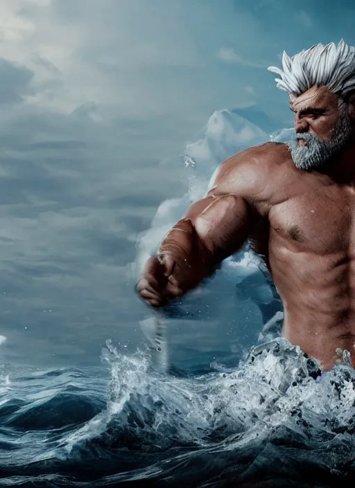 Image similar to rugged zeus in the ocean, god of thunder, greek god, white hair, masculine, powerful, handsome, upper body, white robe, in mortal kombat, splash art, movie still, cinematic lighting, dramatic, octane render, long lens, shallow depth of field, bokeh, anamorphic lens flare, 8 k, hyper detailed, 3 5 mm film grain