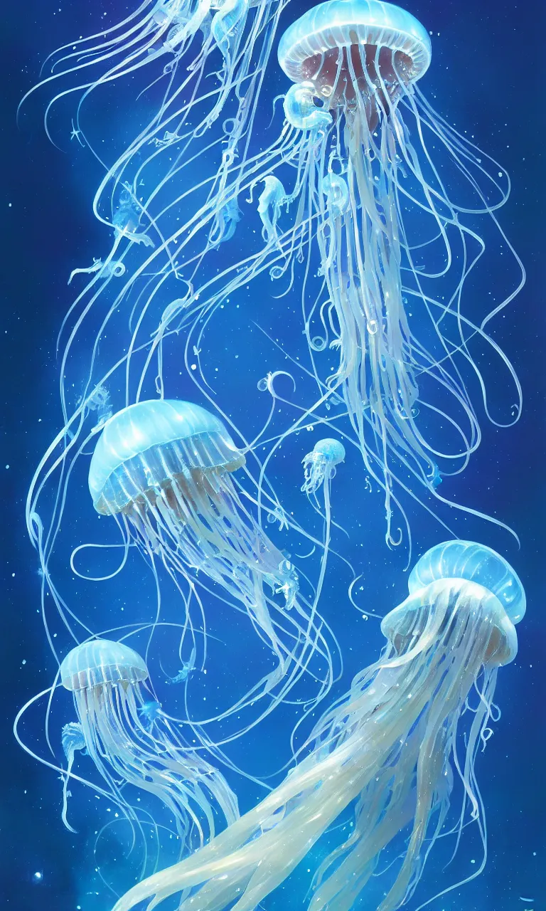 Image similar to detailed jellyfish in space, blue tones, underwater, full frame, highly detailed, digital painting, artstation, concept art, smooth, sharp focus, illustration, art greg rutkowski and alphonse mucha