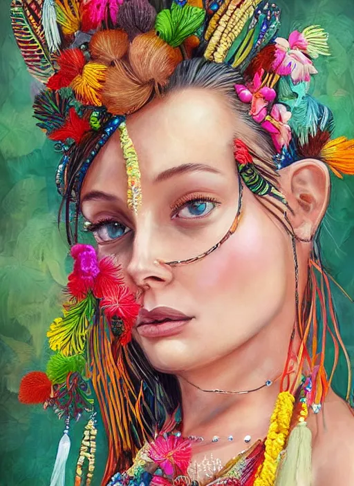 Prompt: beautiful portrait of a mediterranean female wearing fantastic Hand-dyed cotton dress, embellished beaded feather decorative fringe knots ,colorful pigtail,subtropical flowers and plants,symmetrical face,intricate,elegant, highly detailed, 8k,post-processing,digital painting, trending on pinterest, arper's bazaar,concept art, sharp focus, illustration, by artgerm,Tom Bagshaw,Lawrence Alma-Tadema,greg rutkowski,alphonse Mucha