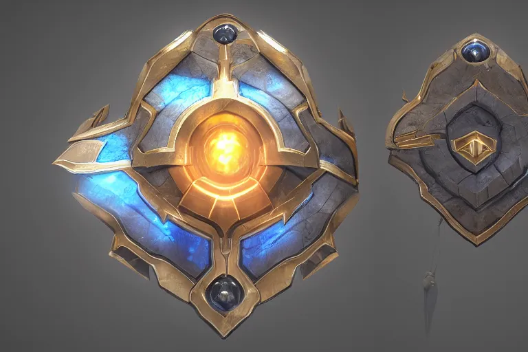 Prompt: giant specalized shield made of holy light with a sapphire gem, high quality 3D render, concept art, 4K, UHD, High quality, Trending on Artstation HQ