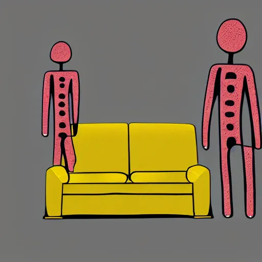 Image similar to photo of a scared anthropomorphic sofa, hiding behind humans, digital art