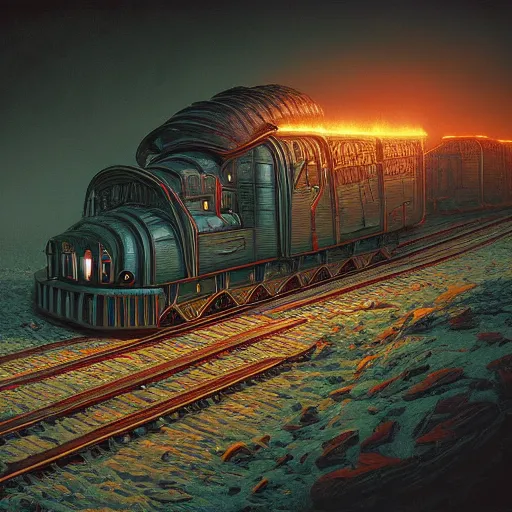 Image similar to photorealistic centipede thomas the train in the style of michael whelan and gustave dore. hyperdetailed photorealism, 1 0 8 megapixels, amazing depth, glowing rich colors, powerful imagery, sinister overtones, 3 d finalrender, 3 d shading, cinematic lighting, artstation concept art