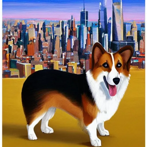 Image similar to giant welsh corgi dog standing over new york city skyline, painting