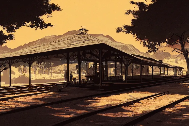 Image similar to idyllic old western train station illustration by syd mead artstation 4 k graphic novel concept art matte painting