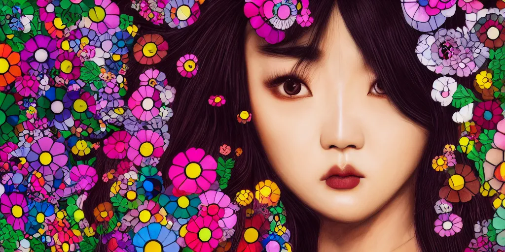 Image similar to a portrait of a very seductive Jennie Kim Blackpink, hair full of flowers, photoillustration, realistic, closeup, facing the camera, dramatic lighting, in the style of Takashi Murakami and Kim Deuk-sin and Okuda Genso