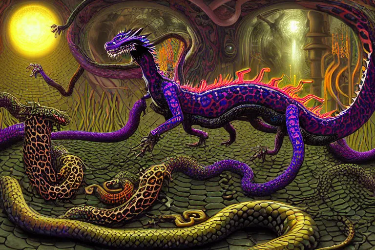 Prompt: a detailed digital art painting of a cyberpunk magick oni dragon with occult futuristic effigy of a beautiful field of mushrooms that is a adorable leopard atomic latent snakes in between ferret biomorphic molecular hallucinations in the style of escher, alex grey, stephen gammell inspired by realism, symbolism, magical realism and dark fantasy, crisp,