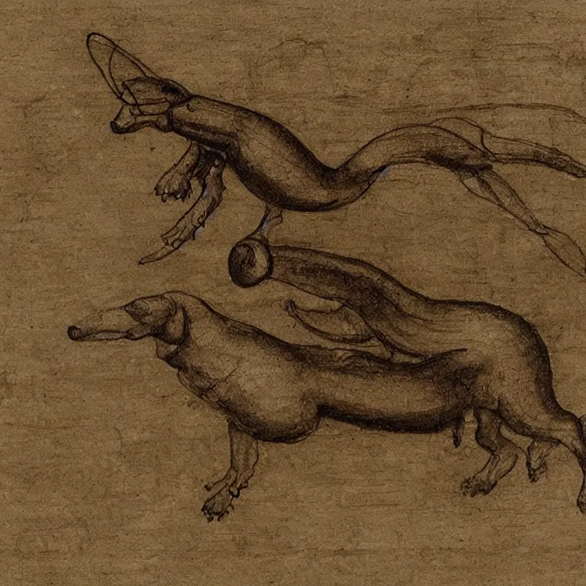 Image similar to leonardo da vinci sketch of a mechanical flying dachshund