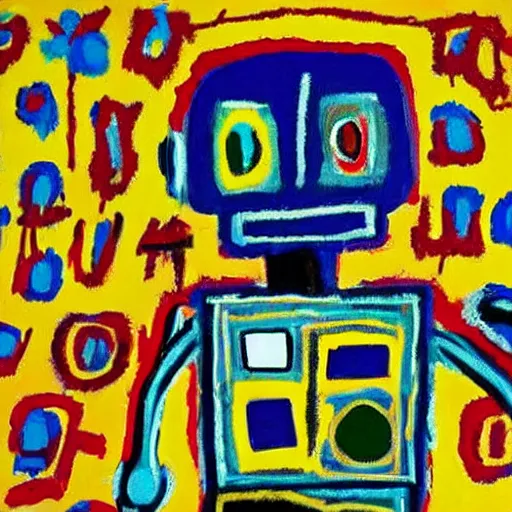 Prompt: a little robot lying in a flower field, painted by basquiat