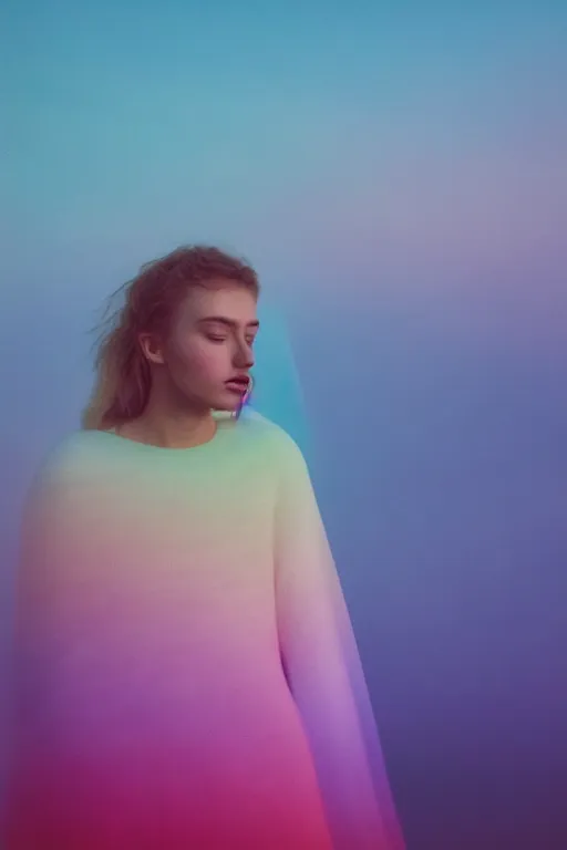 Image similar to high quality pastel coloured film close up wide angle photograph of a model wearing clothing resting on cloud furniture in a icelandic black rock!! environment in a partially haze filled dreamstate world. three point light, rainbow. photographic production. art directed. pastel colours. volumetric clouds. pastel gradient overlay. waves glitch artefacts. extreme facial clarity. 8 k. filmic.