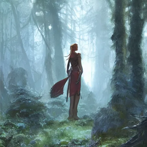 Image similar to a high elf standing in a fairy tale forest, soft lighting, greg rutkowski