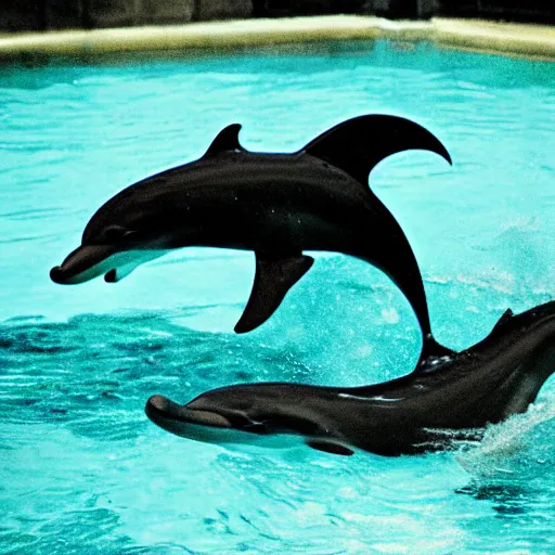 Prompt: chimera of a dolphin and black dragon, realistic zoo pool photography, vignette grainy photograph