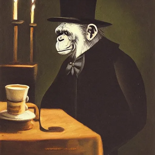 Prompt: Gothic painting of a chimpanzee wearing a top hat, serving coffee as a barista, in a night-time old-fashioned New York Cafe, candlelight, full shot