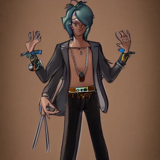 Prompt: a character model design of a handsome young man wearing excessive jewelry in a tasteful way