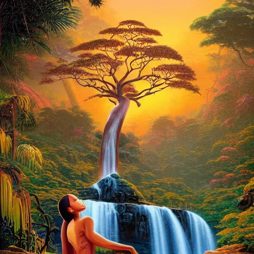 Prompt: a stunning aftican woman with a golden glow meditating in an african zen garden with a baobab tree at sunset with a waterfall in the distance, by dan mumford and thomas kinkade and thomas blackshear, oil on canvas