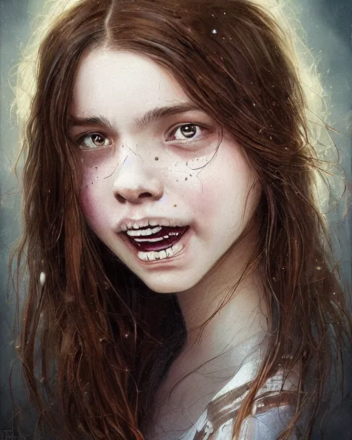 Image similar to symmetry!! portrait of smiling 1 5 - year - old girl with voluminous bushy brown hair, large front teeth, and bright piercing brown eyes, hyper realistic face, beautiful eyes, fantasy art, in the style of greg rutkowski, intricate, hyper detailed, smooth