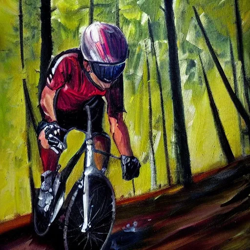 Image similar to man with helmet biking up a steep forest hill, sweaty. Oil painting. Emotional.