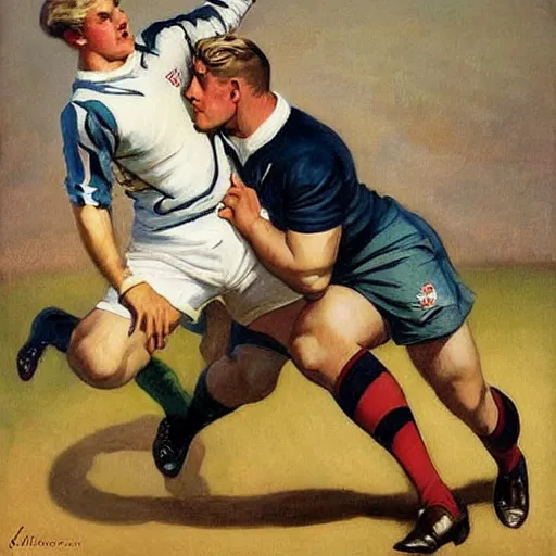 Prompt: 1920s a handsome blonde rugby player tackling a handsome brunette rugby player, rugby ball in the air, full color painting by J.C. Leyendecker