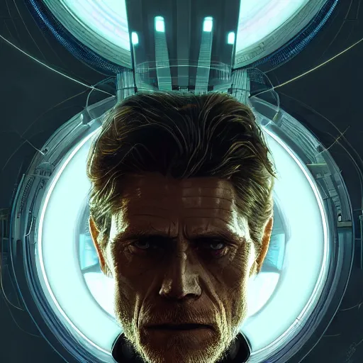 Image similar to symmetry portrait of willem dafoe sci - fi, tech wear, glowing lights!! intricate, elegant, highly detailed, digital painting, artstation, concept art, smooth, sharp focus, illustration, art by artgerm and greg rutkowski and alphonse mucha