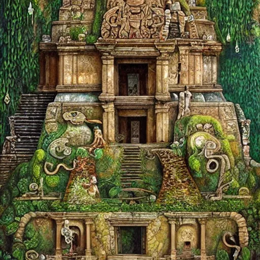 Prompt: ancient maya temple, art by daniel merriam, high details, complex decorations, beautiful view, mystical, very old, vines, hidden place, mysterious, enigmatic