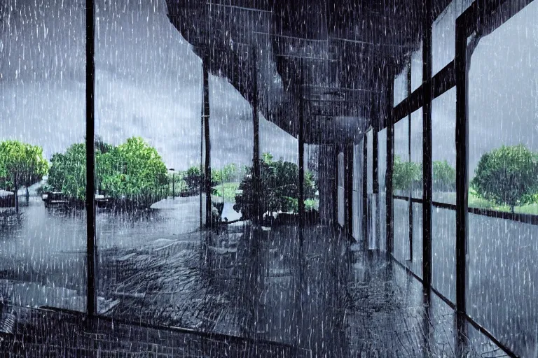 Image similar to rainstorm, view from inside, porch, rain on the streets, street lights, photo realistic,