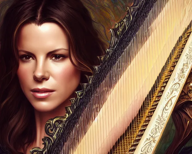 Image similar to photography of kate beckinsale with a harp singing 8 k, deep focus, d & d, fantasy, intricate, elegant, highly detailed, digital painting, artstation, concept art, matte, sharp focus, illustration, hearthstone, art by artgerm and greg rutkowski and alphonse mucha