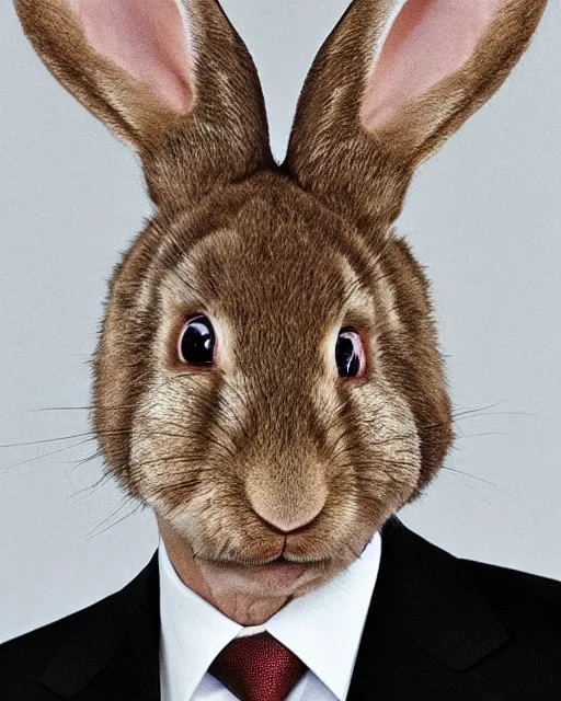 Image similar to headshots of vladimir putin sitting in a makeup chair wearing highly detailed rabbit prosthetic makeup in the style of rick baker, vladimir has long rabbit ears, rabbit fur, rabbit snout, studio lighting, soft focus