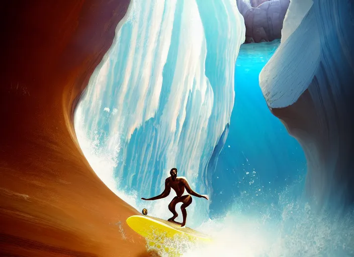 Image similar to a beautiful digital painting of a Samrurai in a white and royal blue luxurious battle suit surfing a tsunami at Antelope Canyon on a chic surfboard at Pamukkale, thermal waters flowing down gold travertine terraces by greg rutkowski, award winning photo, trending on artstation, highly detailed, unreal engine, octane render