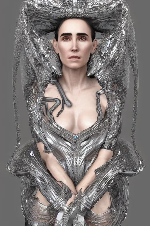 Prompt: a highly detailed medium shot 8 k render portrait of an alien goddess jennifer connelly in iris van herpen dress schiaparelli armor in diamonds and lots of jewelry in style of alphonse mucha trending on artstation made in unreal engine 4