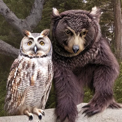 Image similar to An owl with the body and fur of a bear, , 8k, ultra realistic, professional photography