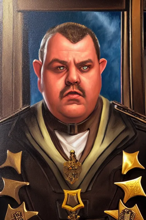 Image similar to high elf mall cop with a sheriff's badge that is fat, shifty, and incompetent, RPG portrait from the chest up, Oil Painting, dramatic lighting, renaissance