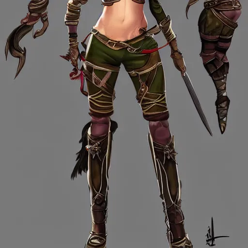 Image similar to character outfit concept of fantasy female elf ranger, trending on artstation, highly detailed, multiple views