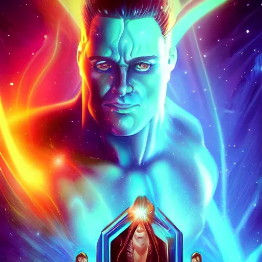 Prompt: portrait of from hercules, synthwave, universe background, nebula, galaxy, artstation
