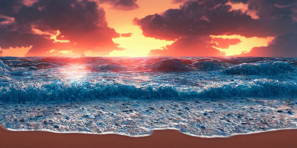 Image similar to a photo of a beach at sunset, turbulent sea, high coherence, highly detailed, high quality, 8K, path tracing, breathtaking landscape, cinematic lighting, concept art, octane render, unreal engine 5, trending on Artstation, soft light, godrays, complementary colors, natural lighting, sand