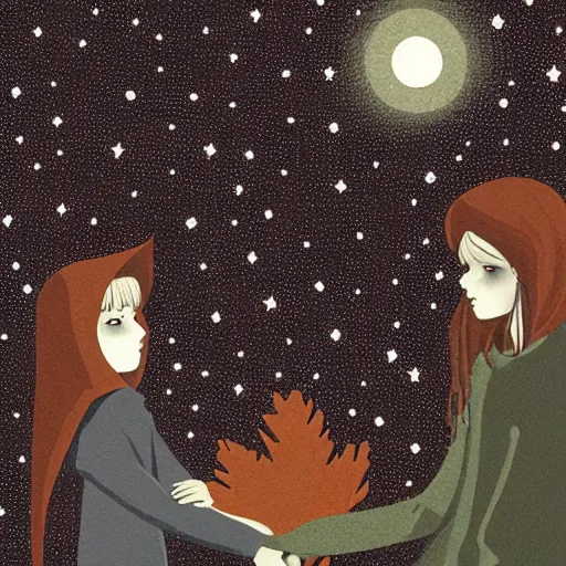 Image similar to a tall goth brunette woman in a black hooded cloak, standing beside a short butch blonde tomboy woman engineer, in a garden at night, soft and romantic, illustration, highly detailed, dark muted colors, constellations