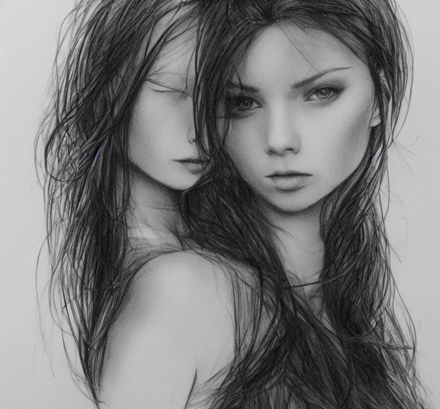 Image similar to woman + posing + photo, pencil drawing, pencil, black, sketch, on paper, realistic, detailed, artstation