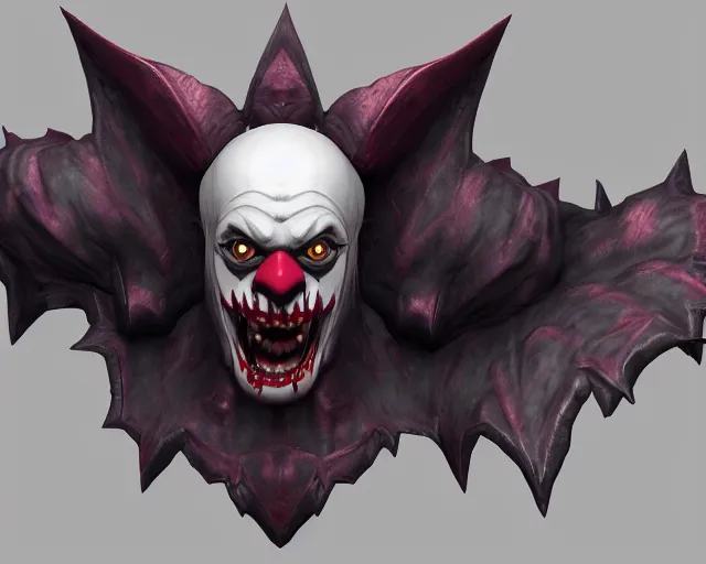 Prompt: 3d sculpt of an ironwork evil clown face with huge bat wings, skull, artstation, digital illustration, league of legends, dark souls