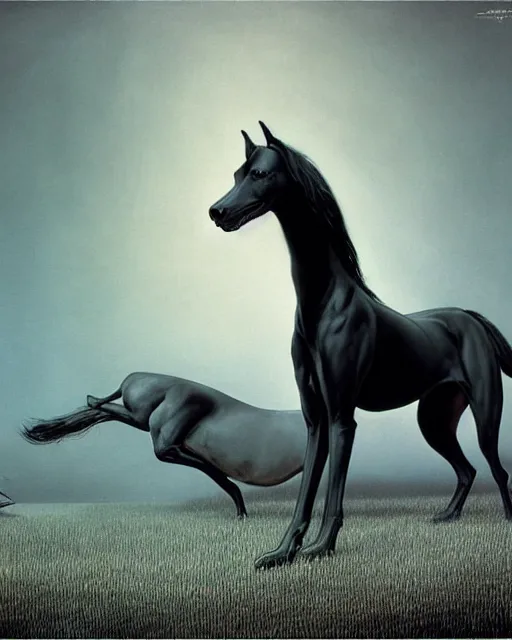 Prompt: painting of hybrid between black weimaraner & black stallion horse! & intercrossed animal, by zdzislaw beksinski, by mattias adolfsson, concept art, single object scene, beautiful composition, 8 k, digital painting