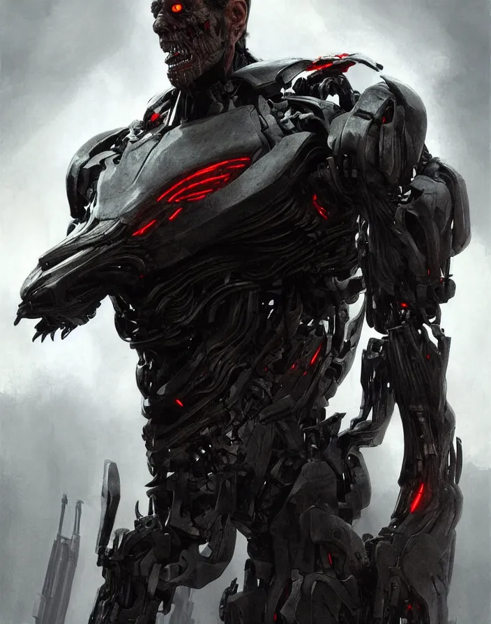 Image similar to willem dafoe as victor stone, full body concept, cyborg, borg, strogg, face of a man, terminator, flesh, quake strogg, doom demon, wolfenstein, monstrous, symmetry, symmetrical, concept art by ruan jia and greg rutkowski