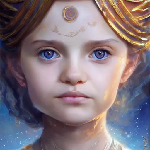 Image similar to a little girl with short wavy curly light brown hair and blue eyes, a space empress in byzantine style. beautiful highly detailed face, painting by artgerm and greg rutkowski and raymond swanland.