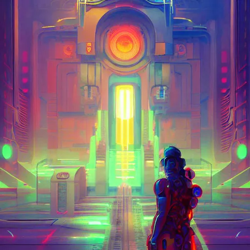 Image similar to street view of a cybernetic temple, vaporwave aesthetic, colorful, psychedelic, digital painting, artstation, concept art, smooth, sharp focus, illustration, art by artgerm and greg rutkowski and alphonse mucha