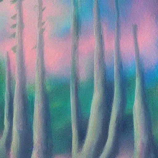 Prompt: landscape painting soft pastel colors blue pink white sky with white pink blue ground forest simple